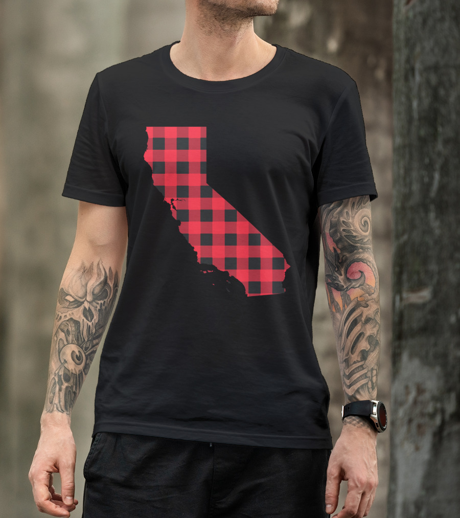 Red And Black Checkered California Silhouette Map T-Shirt