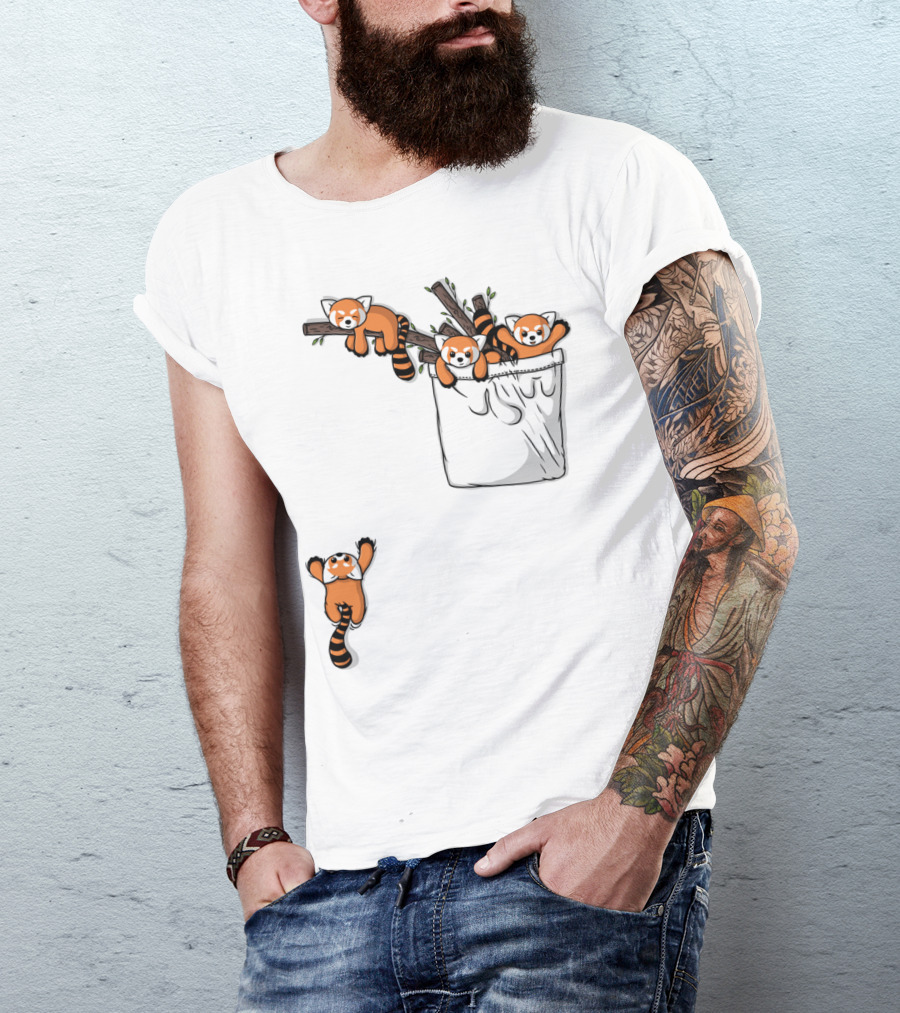 Pocket Full Of Playful Red Panda Bears On Branches T-Shirt