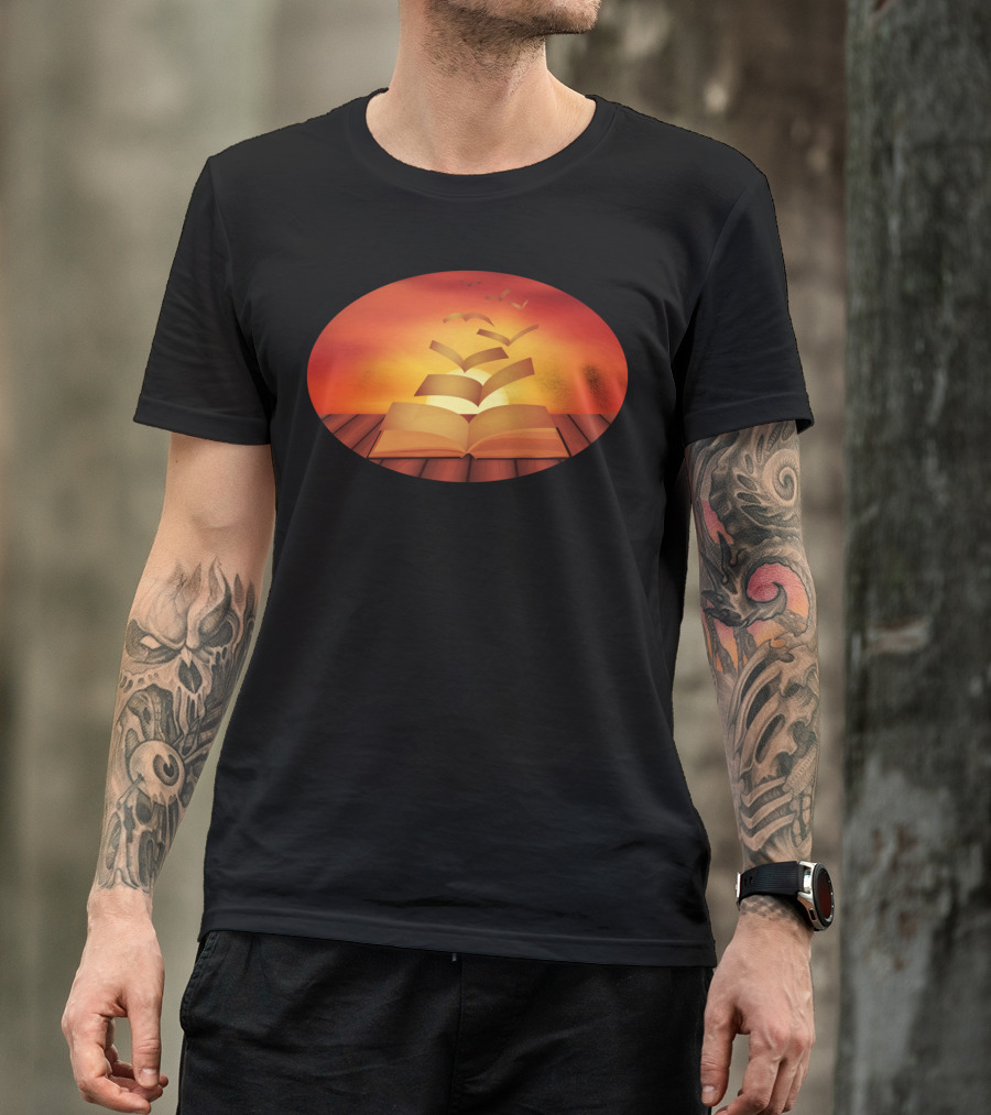 Open Book With Flying Pages At Sunset T-Shirt