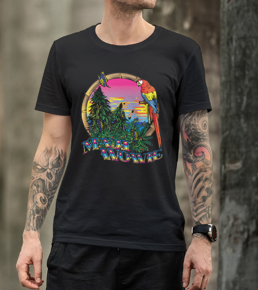 Maui Wowie Tropical Parrot And Sunset Scene T-Shirt