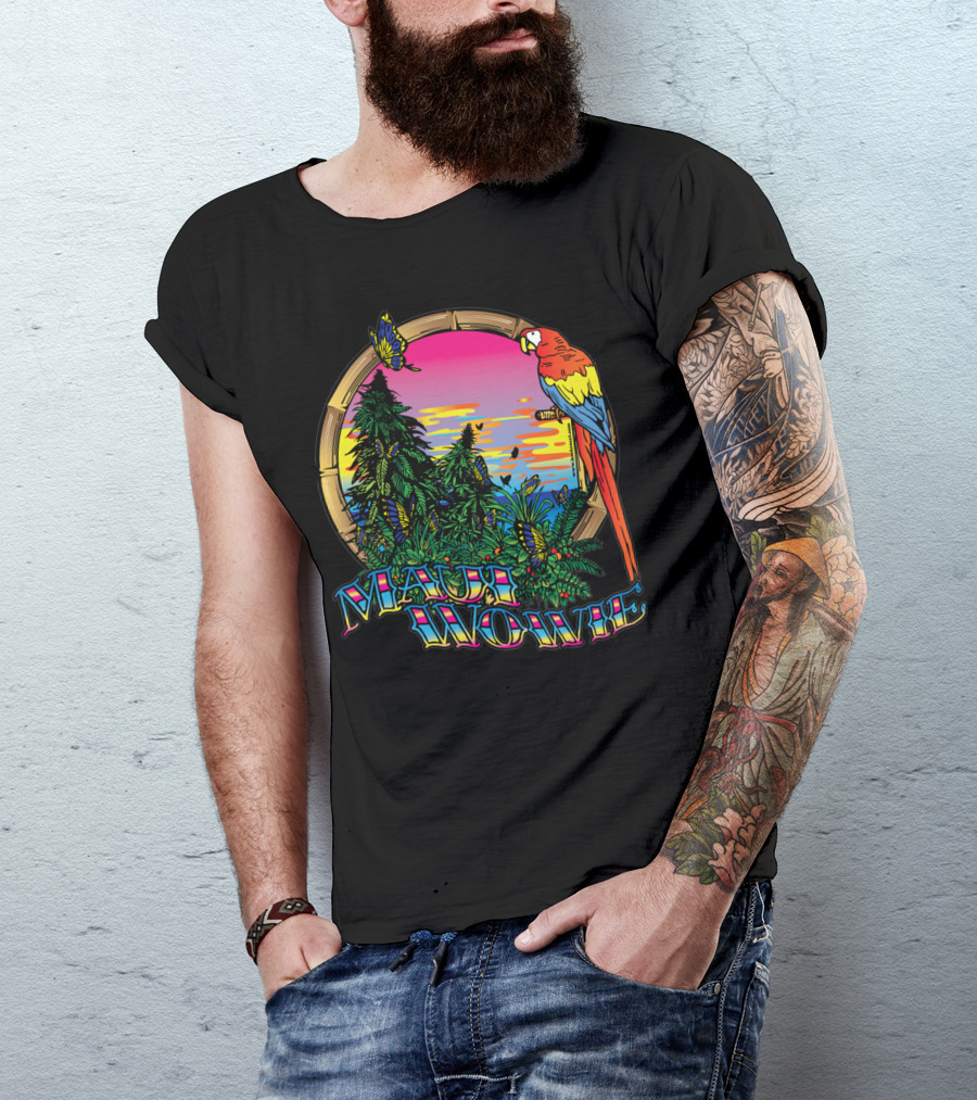 Maui Wowie Tropical Parrot And Sunset Scene T-Shirt