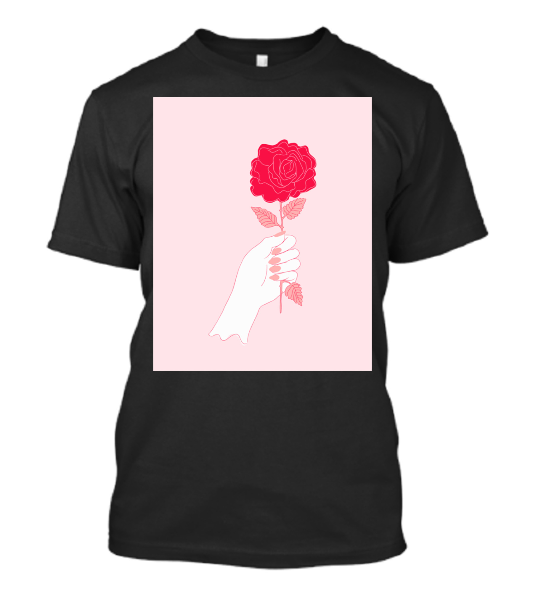 Feminist Rose Hand Holding Red Flower On Pink Background T-Shirt