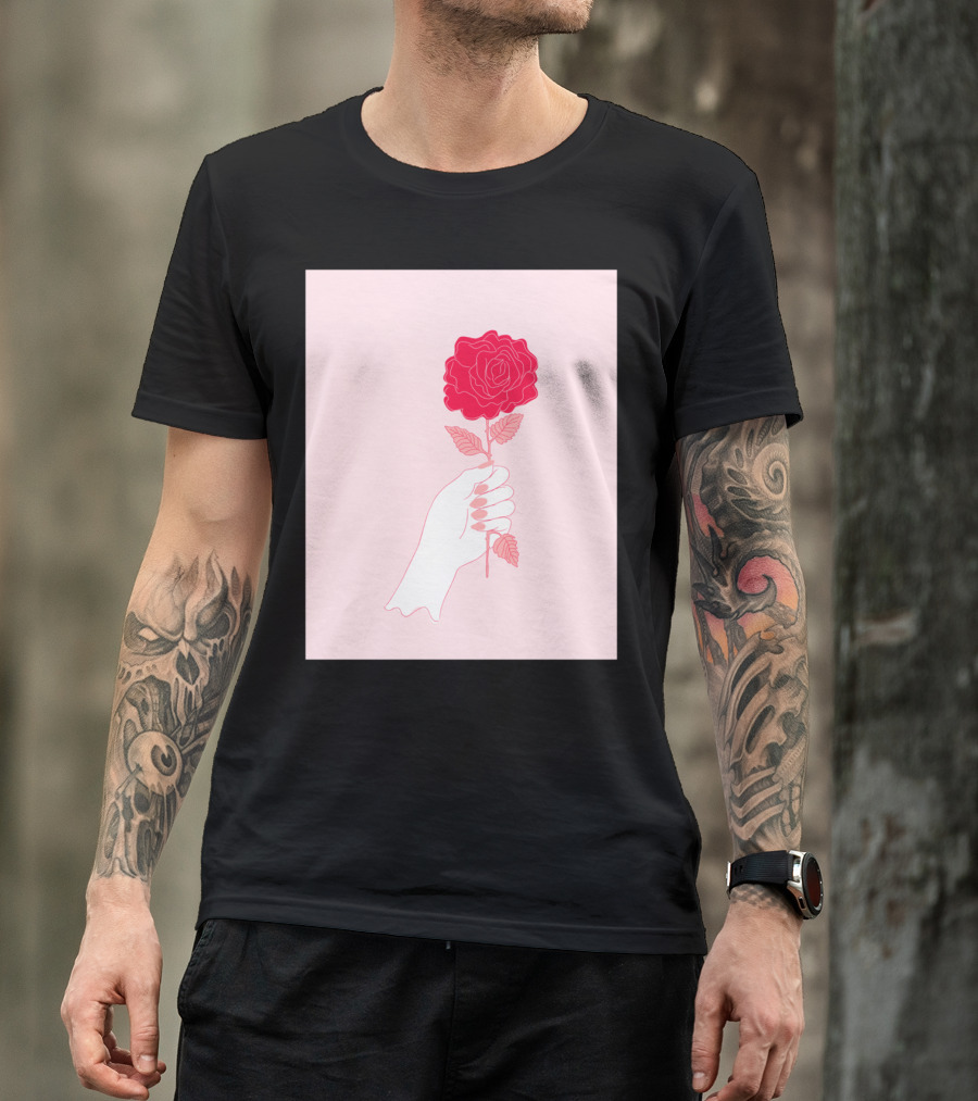 Feminist Rose Hand Holding Red Flower On Pink Background T-Shirt