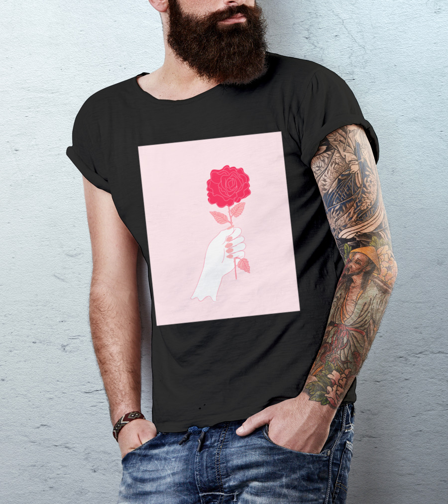 Feminist Rose Hand Holding Red Flower On Pink Background T-Shirt