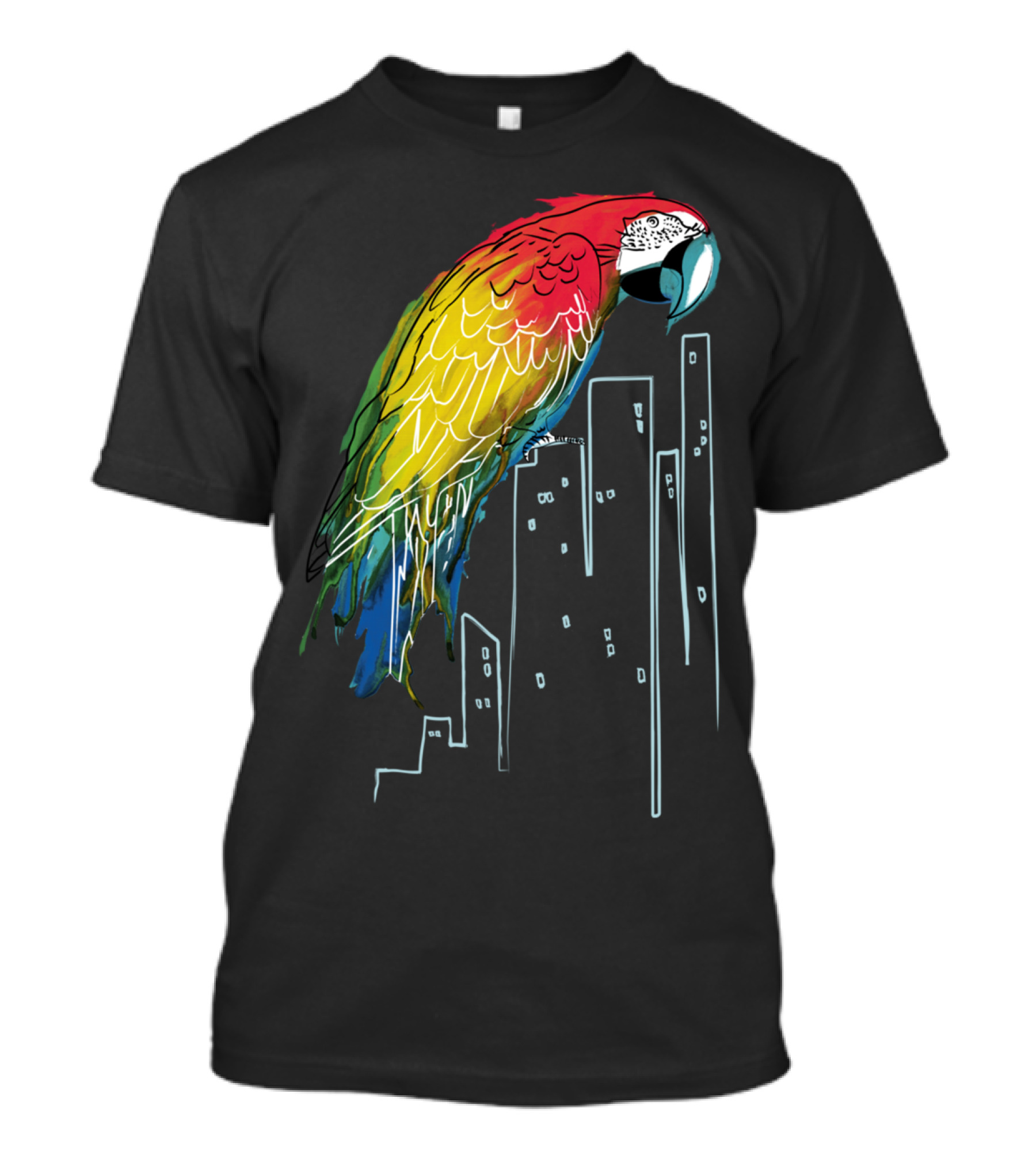Polly In The City Colorful Parrot Overlooking Skyscrapers T-Shirt