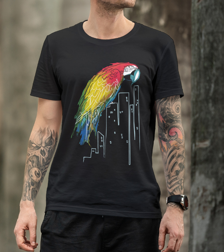 Polly In The City Colorful Parrot Overlooking Skyscrapers T-Shirt