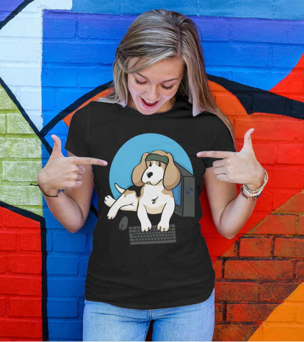 Ordinarywilliam Print Gamer Dog With Computer And Headband T-Shirt