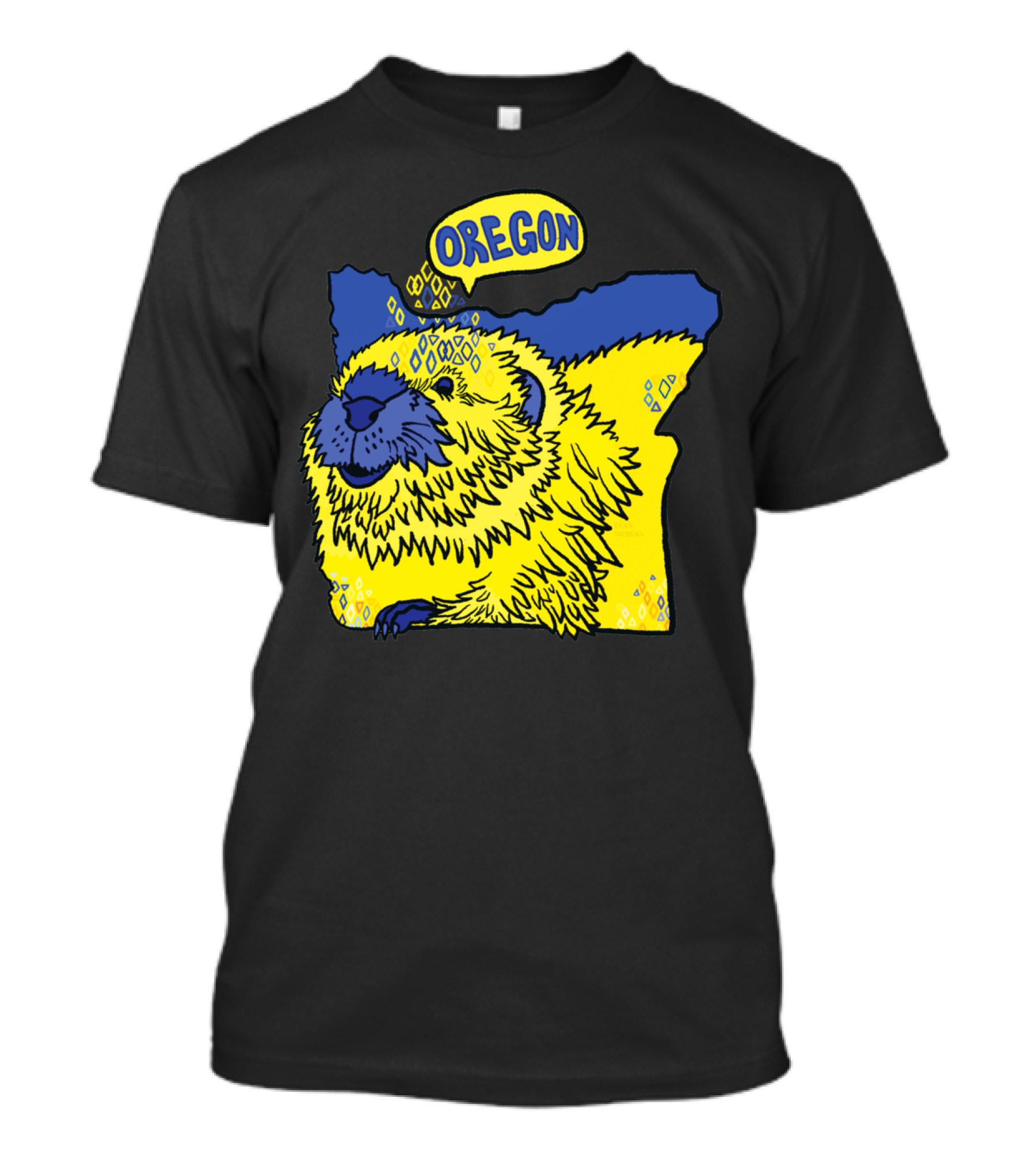 Oregon Beaver Map Art Yellow And Blue T-Shirt