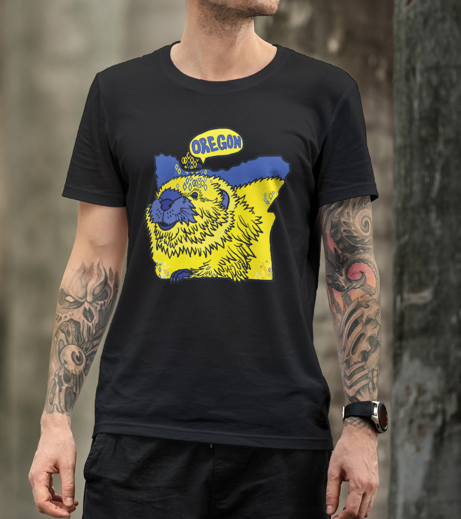 Oregon Beaver Map Art Yellow And Blue T-Shirt