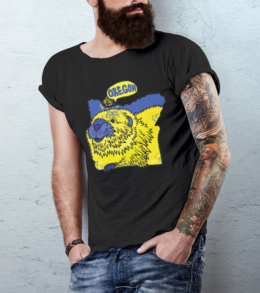 Oregon Beaver Map Art Yellow And Blue T-Shirt
