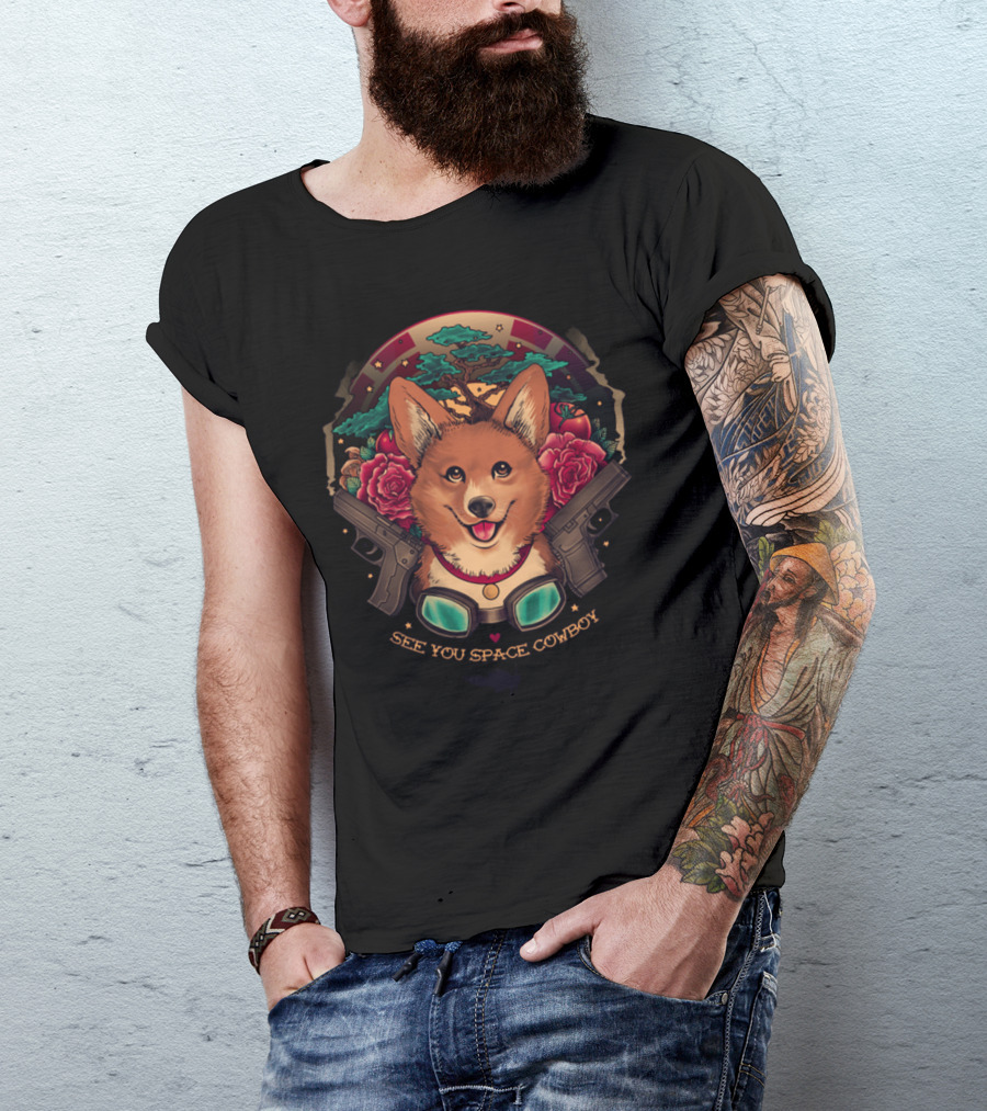 See You Space Cowboy Corgi With Guns And Roses T-Shirt