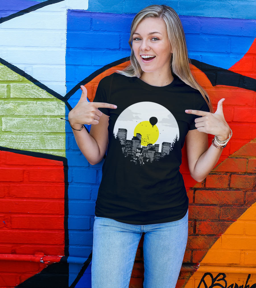 Sunny Side Of Life Urban Skyline With Hot Air Balloon And Bright Sun Background T-Shirt