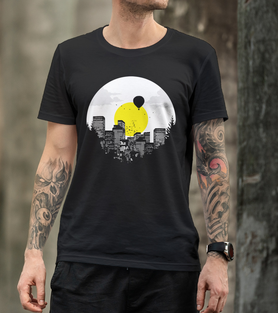 Sunny Side Of Life Urban Skyline With Hot Air Balloon And Bright Sun Background T-Shirt