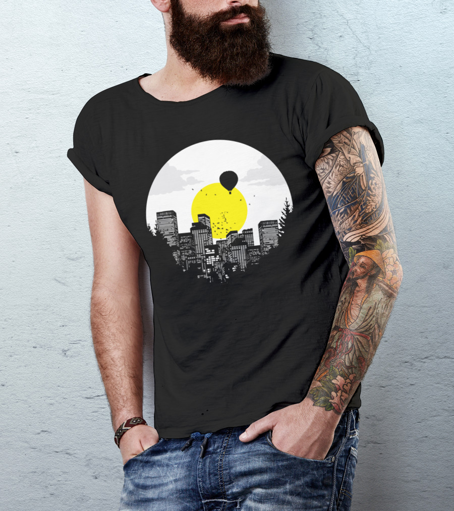 Sunny Side Of Life Urban Skyline With Hot Air Balloon And Bright Sun Background T-Shirt