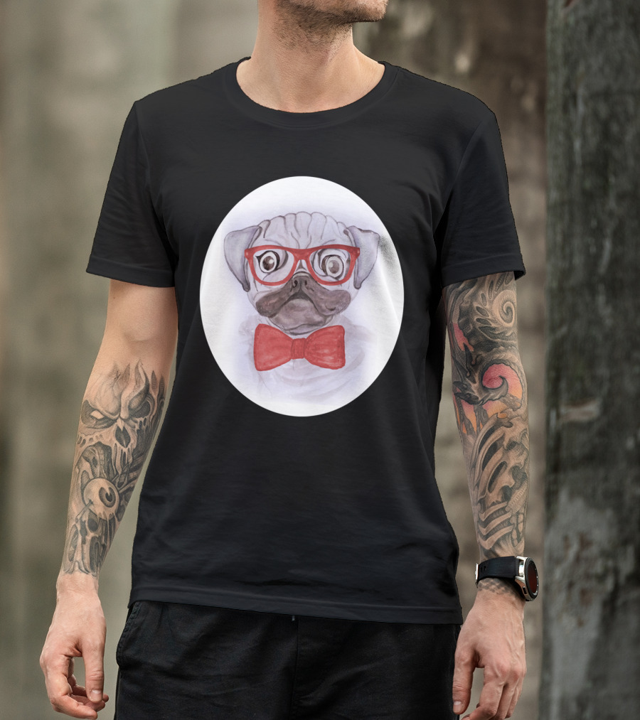 Cute Funny Watercolor Pug With Red Glasses And Bow Tie T-Shirt