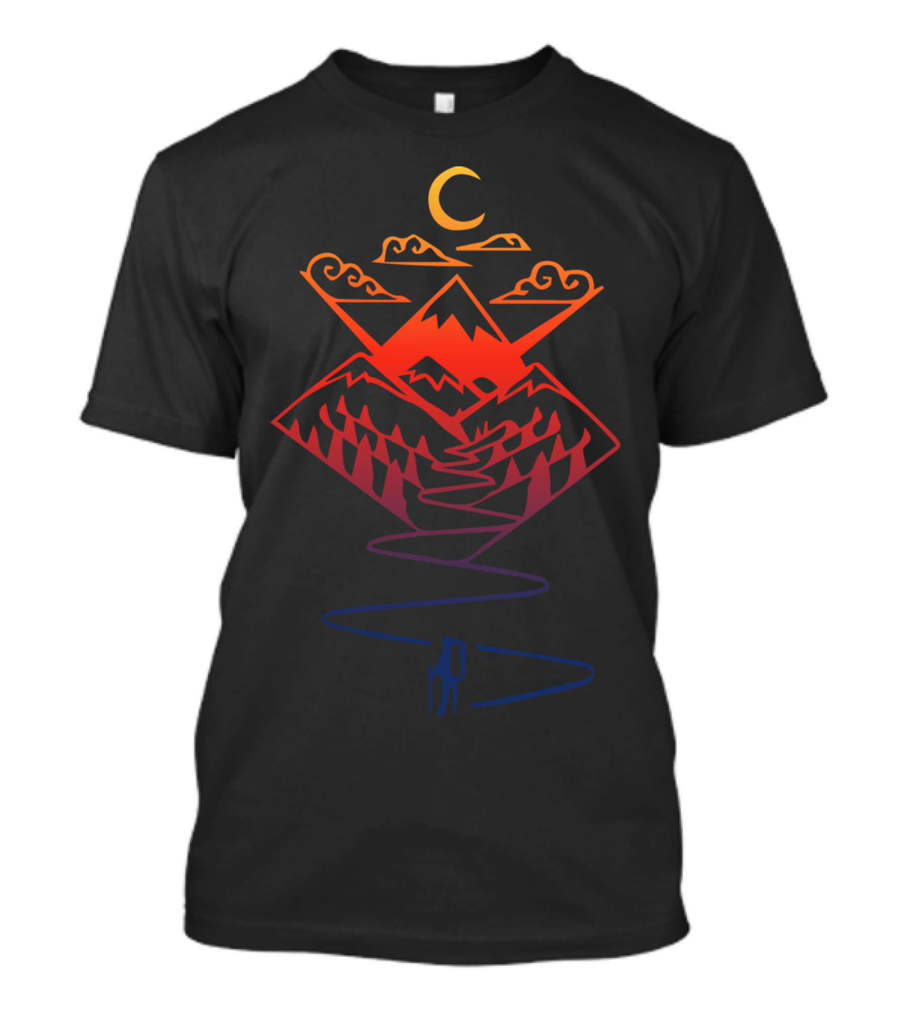Mountain Travel Adventure Under Crescent Moon And Stylized Clouds T-Shirt