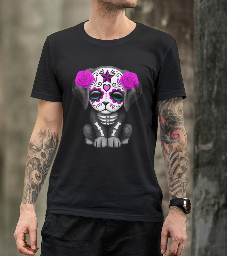 Purple Flower Sugar Skull Day Of The Dead Puppy T-Shirt