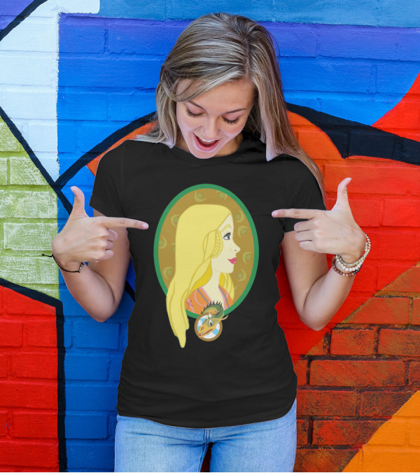 Melisande Of Dragons Fantasy Illustration With Blonde Woman And Green Dragon Motif T-Shirt