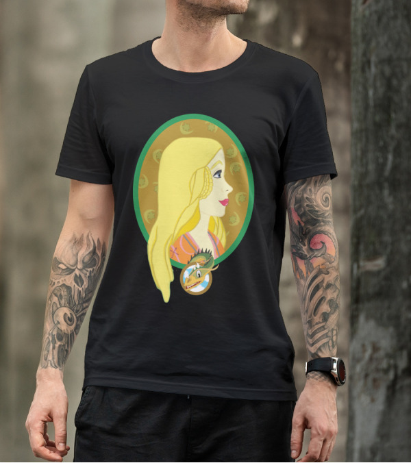 Melisande Of Dragons Fantasy Illustration With Blonde Woman And Green Dragon Motif T-Shirt