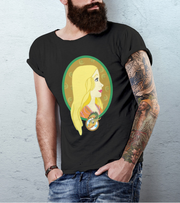 Melisande Of Dragons Fantasy Illustration With Blonde Woman And Green Dragon Motif T-Shirt
