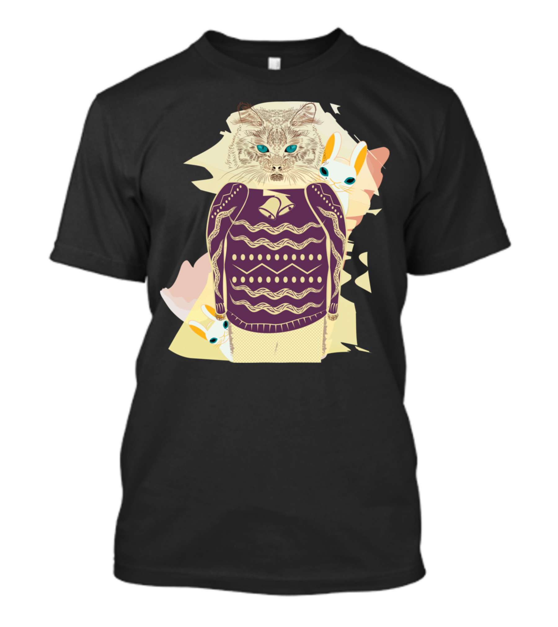 Winter Cat In Cozy Sweater With Bunny Friends T-Shirt