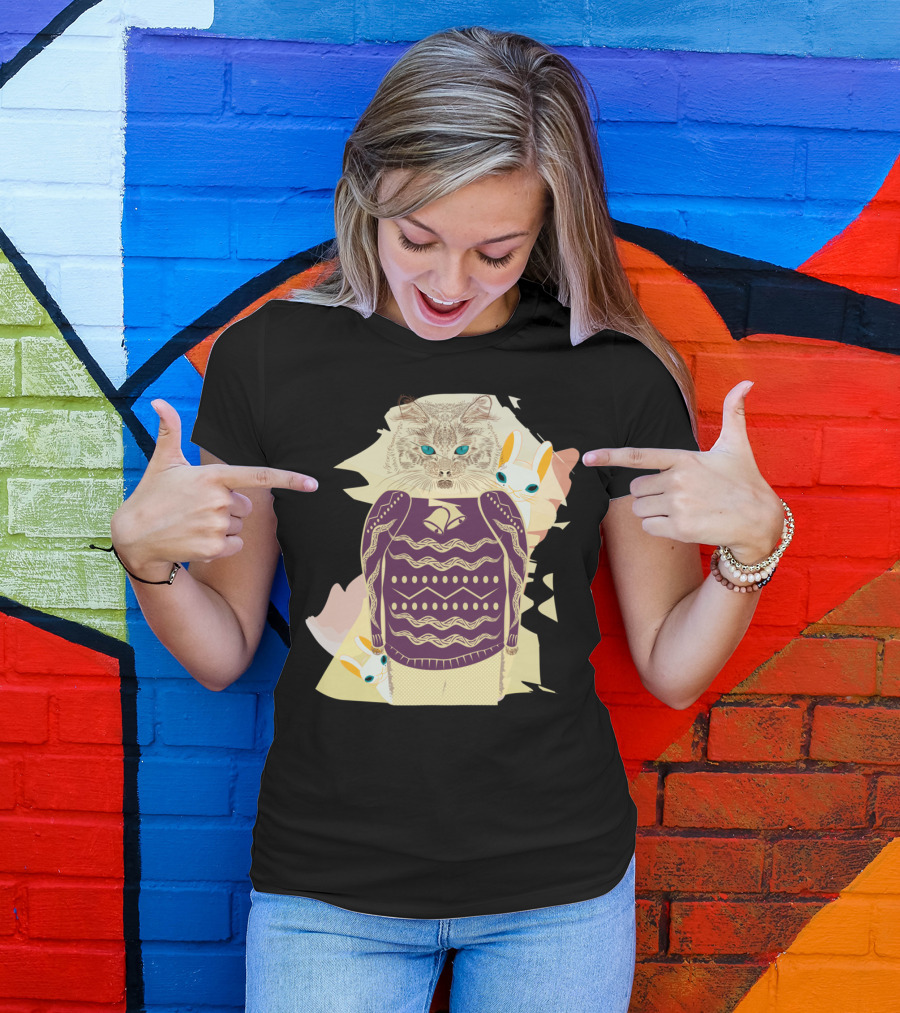 Winter Cat In Cozy Sweater With Bunny Friends T-Shirt