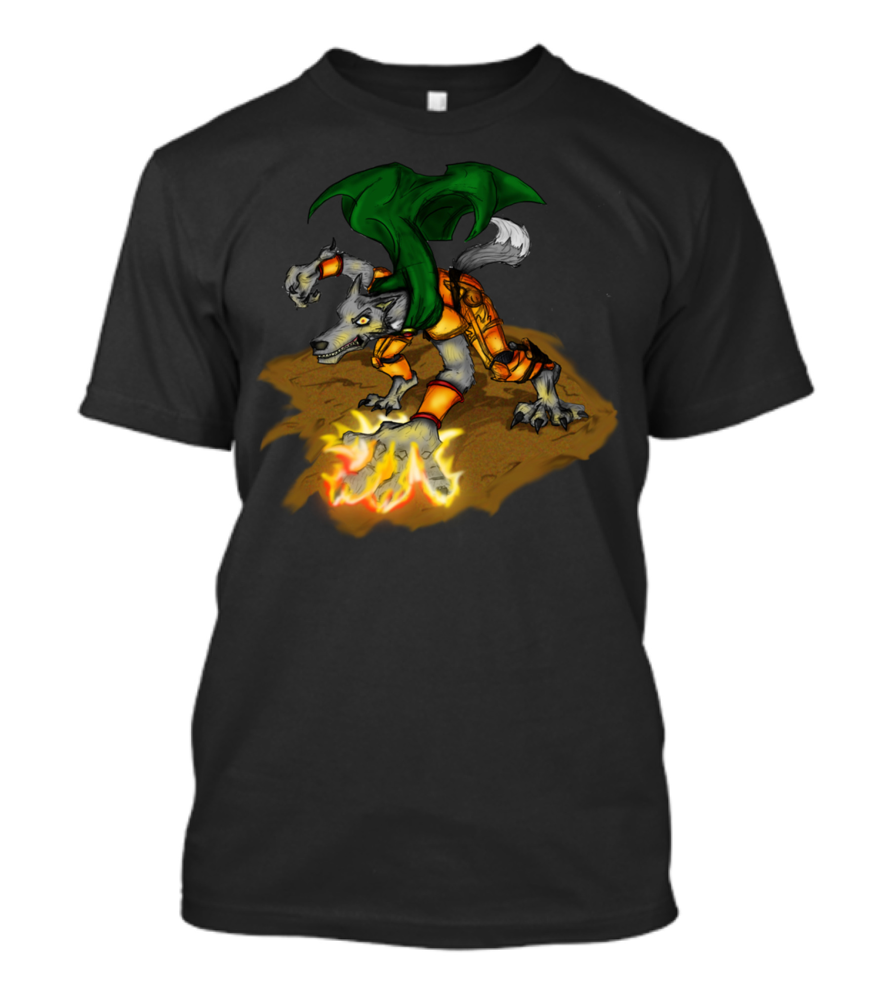 Fire Mage JimClass Wolf Creature With Flaming Paw And Green Cape T-Shirt