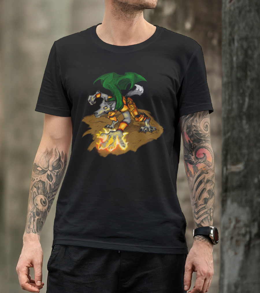 Fire Mage JimClass Wolf Creature With Flaming Paw And Green Cape T-Shirt