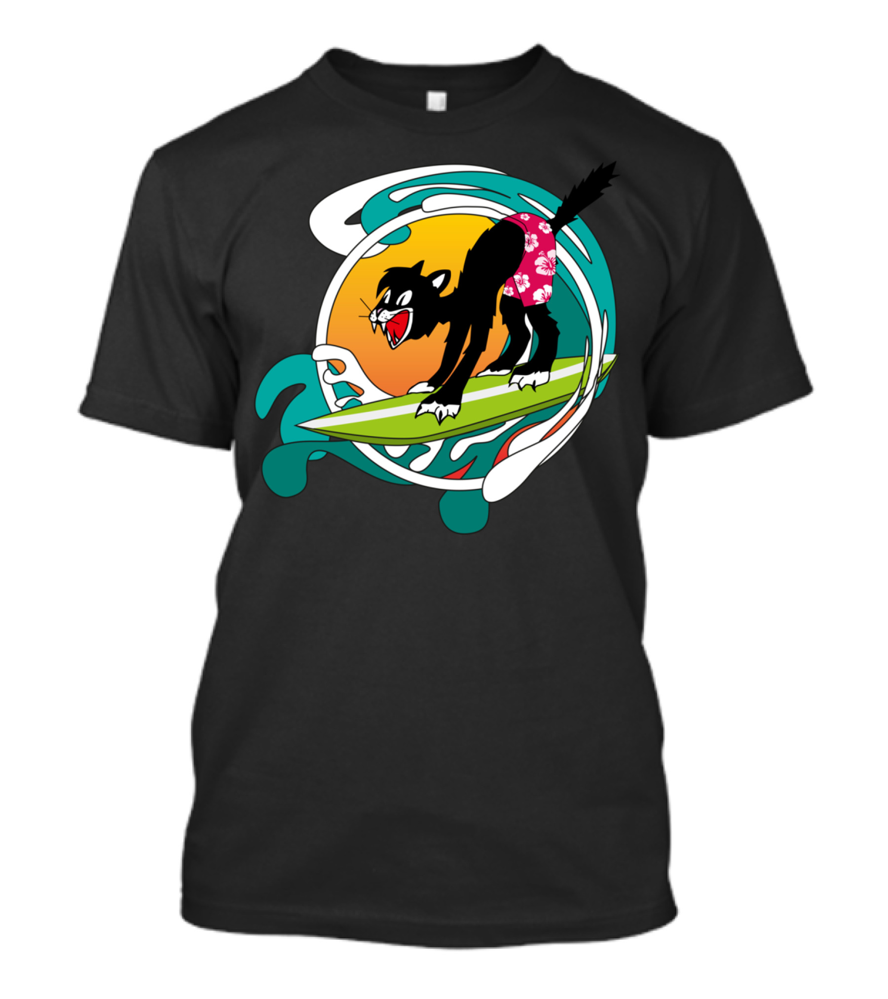 Surfing Cat In Floral Shorts On Wave Board T-Shirt