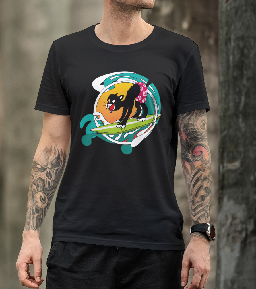 Surfing Cat In Floral Shorts On Wave Board T-Shirt