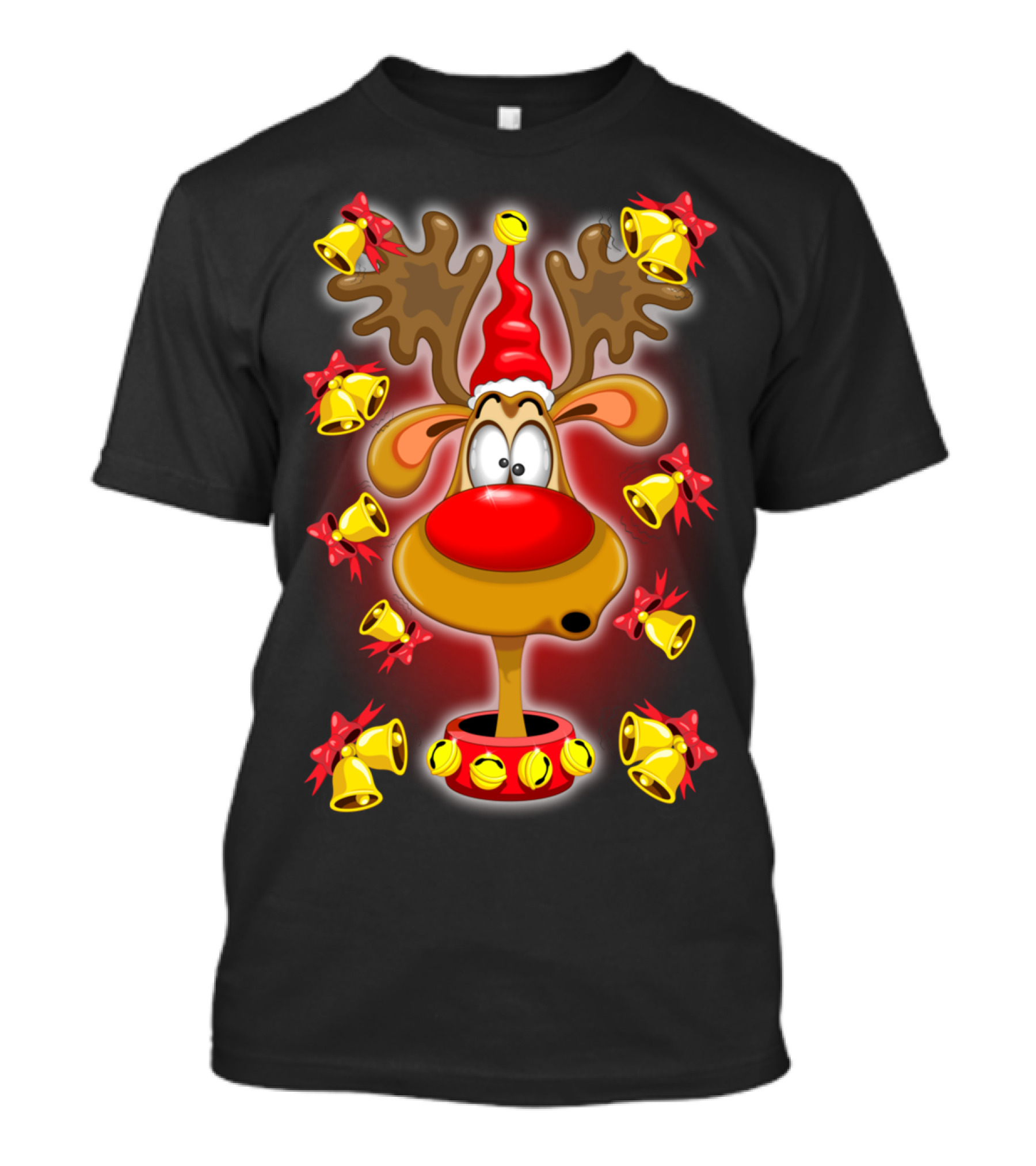 Reindeer Fun Christmas Cartoon With Jingle Bells And Santa Hat T-Shirt