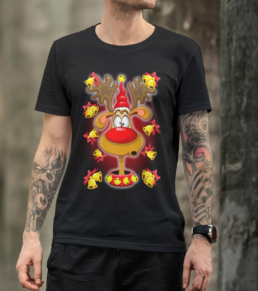 Reindeer Fun Christmas Cartoon With Jingle Bells And Santa Hat T-Shirt