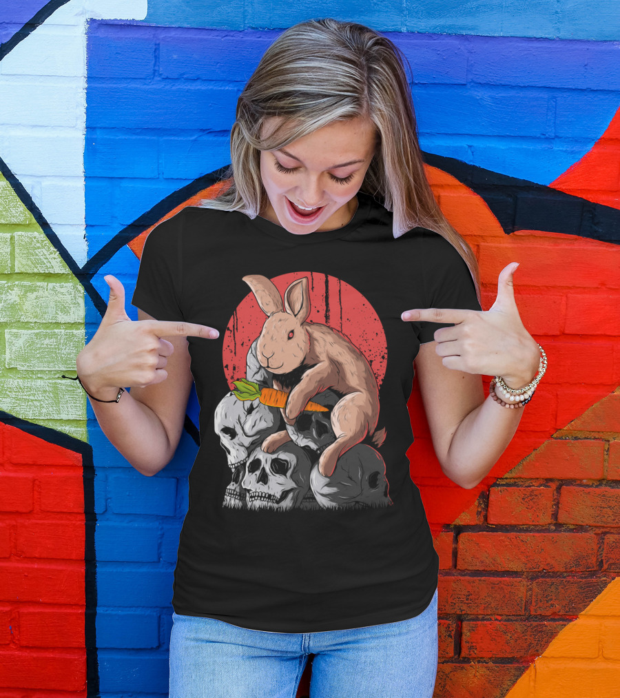 Look A Rabbit Pe Surreal Rabbit With Carrot On Skulls Against Red Moon T-Shirt