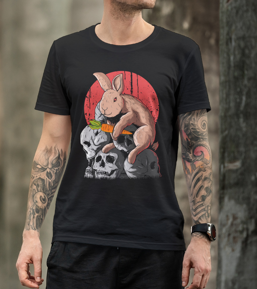 Look A Rabbit Pe Surreal Rabbit With Carrot On Skulls Against Red Moon T-Shirt