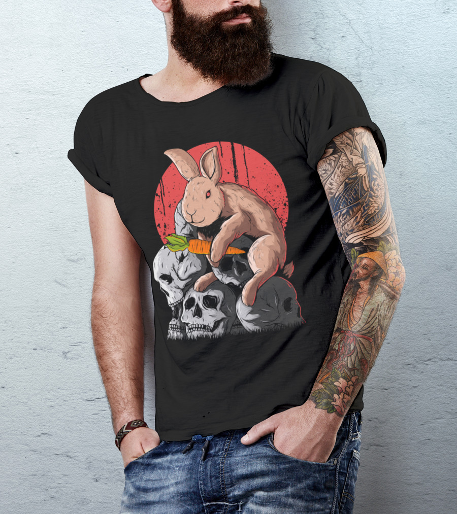 Look A Rabbit Pe Surreal Rabbit With Carrot On Skulls Against Red Moon T-Shirt