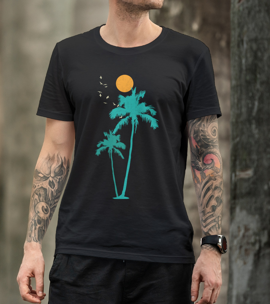 Palmtree Sunset Silhouette With Birds And Sun T-Shirt