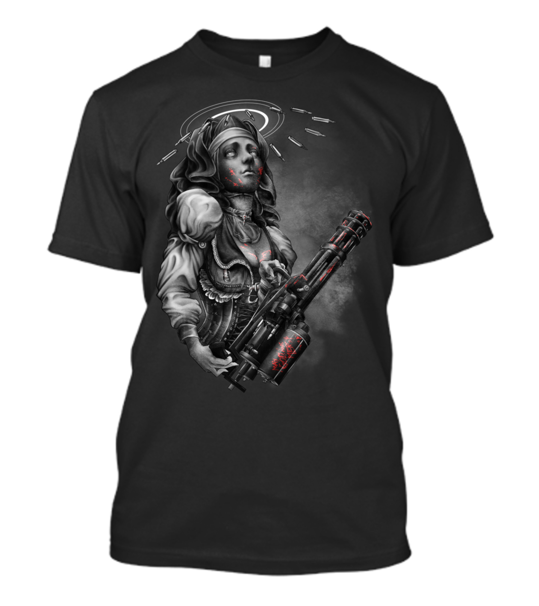 No Mercy Saint With Minigun And Halo Of Bullets T-Shirt