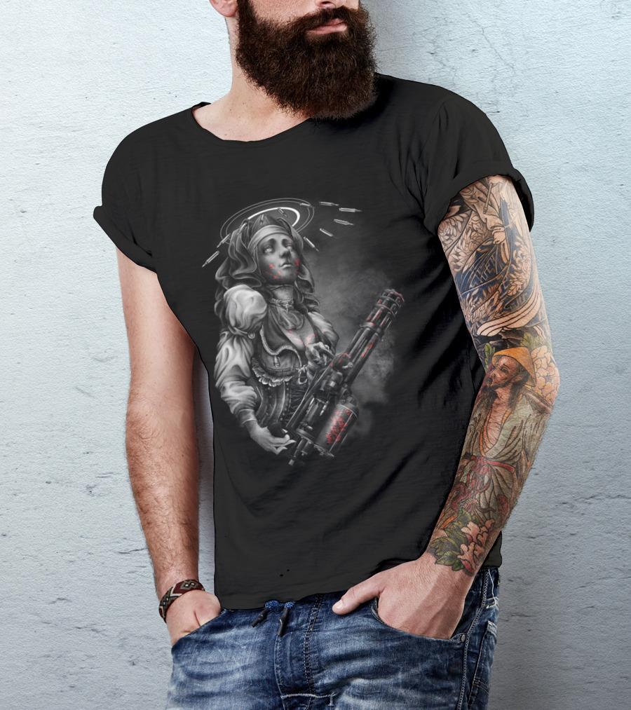 No Mercy Saint With Minigun And Halo Of Bullets T-Shirt