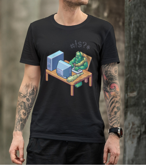 Troll Typing Pixel Art With Computer Desk And Chicken Leg T-Shirt