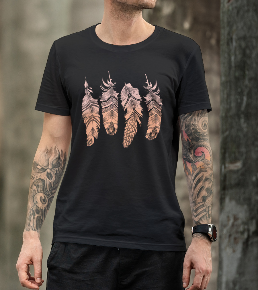 Print Feathers Four Beige Intricate Patterned Feathers T-Shirt