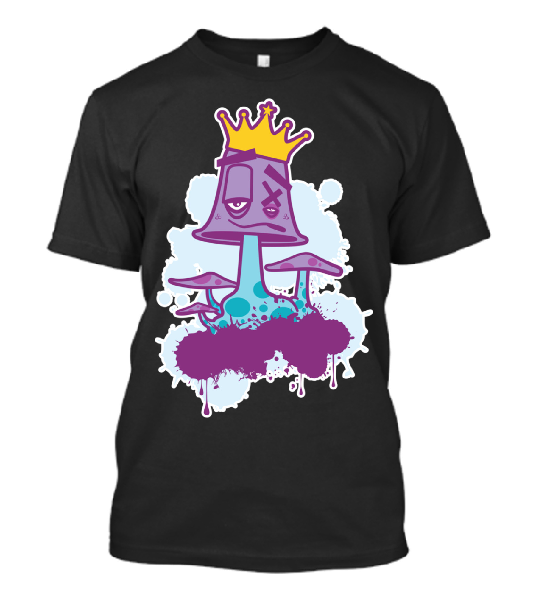 Purple Mushroom King With Yellow Crown And Blue Splash Elements T-Shirt