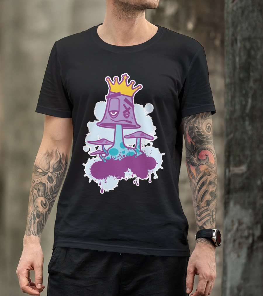 Purple Mushroom King With Yellow Crown And Blue Splash Elements T-Shirt