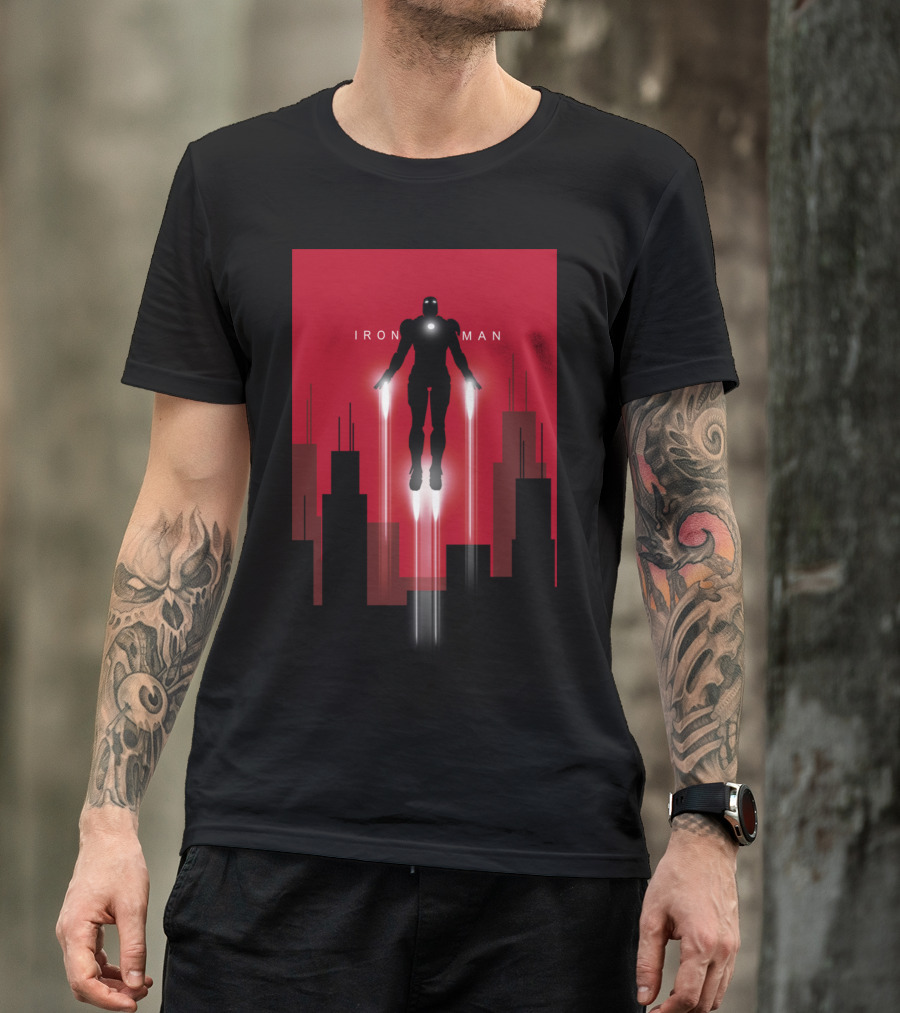 Iron Man Soars Above City Skyline T-Shirt