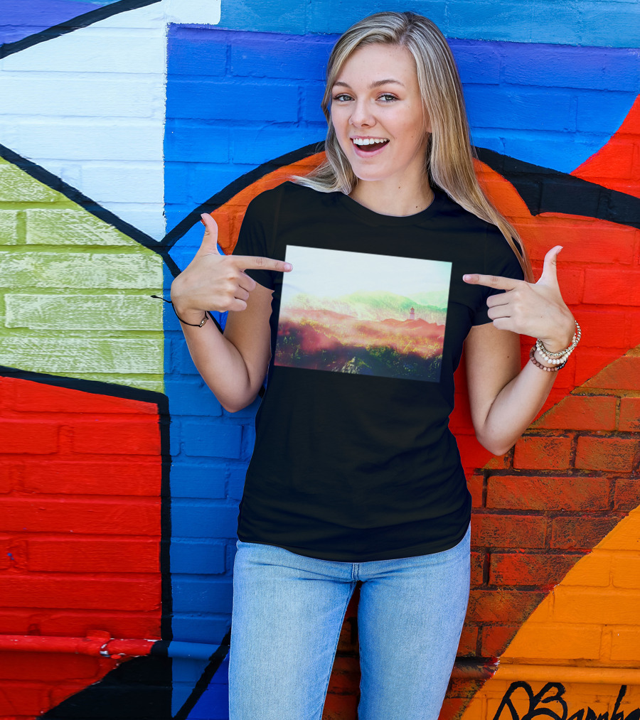 Lands Of Fire Enchanted Landscape With Lighthouse In Misty Mountains T-Shirt