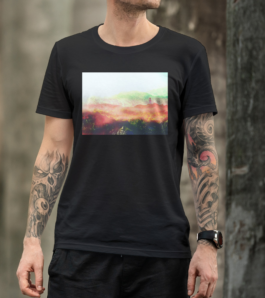 Lands Of Fire Enchanted Landscape With Lighthouse In Misty Mountains T-Shirt