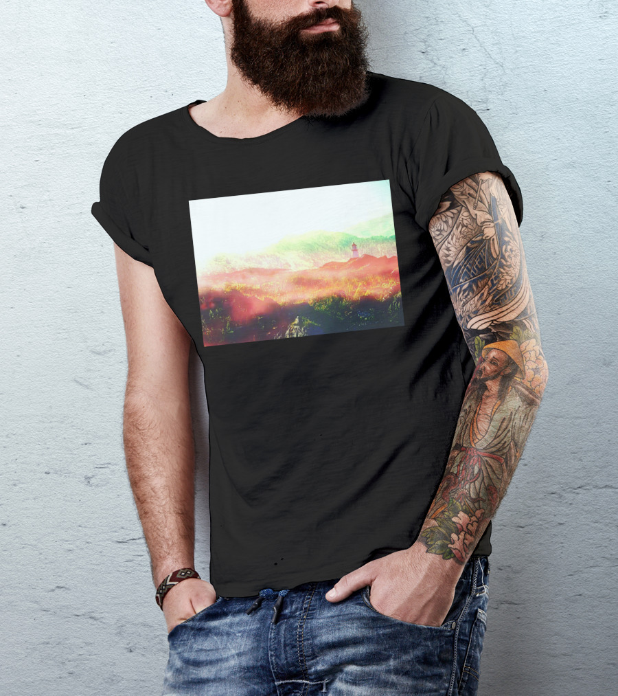 Lands Of Fire Enchanted Landscape With Lighthouse In Misty Mountains T-Shirt