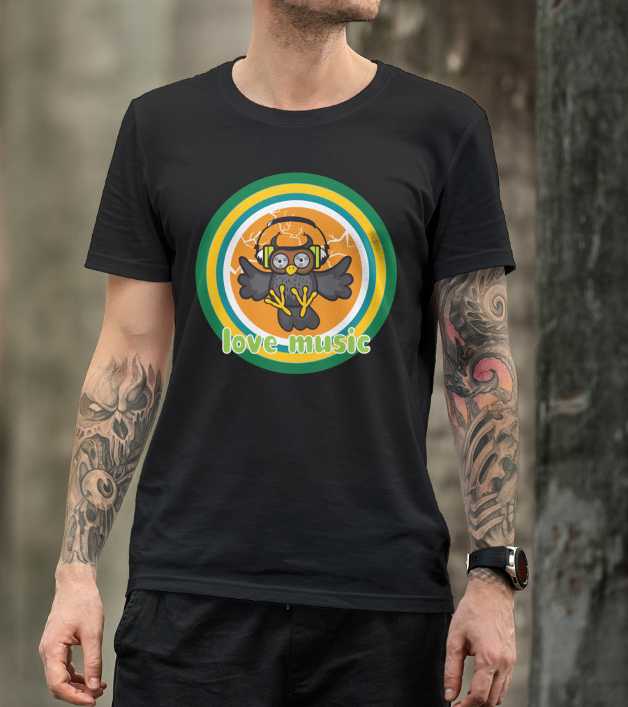 Love Music Owl Headphones Vibrant Retro Circles T-Shirt