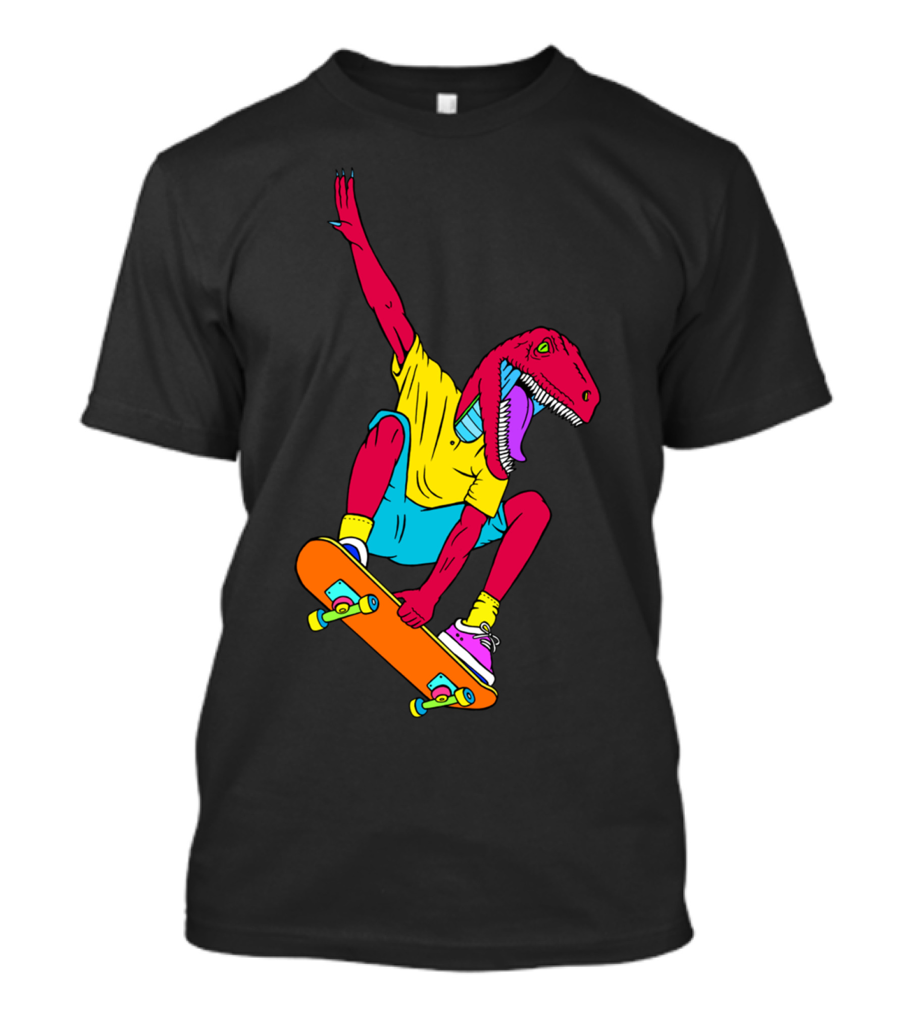 Skate Raptor Dinosaur On Orange Skateboard In Bright Colors T-Shirt