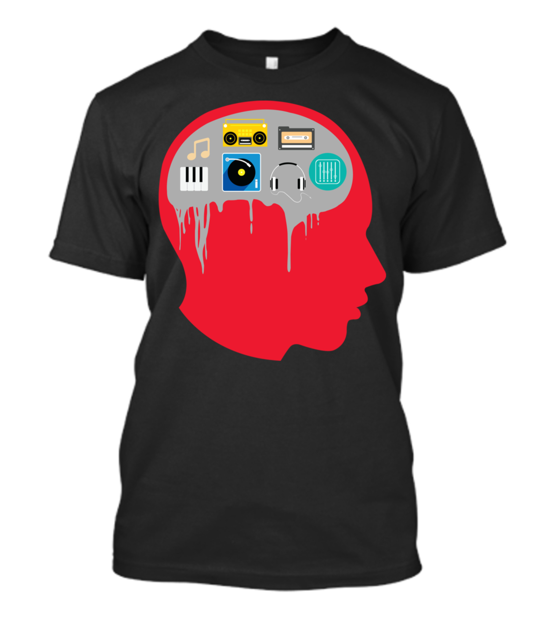 Music On The Mind With Icons Of Notes, Keyboard, Turntable, Headphones, Cassette, Boombox, And Equalizer T-Shirt