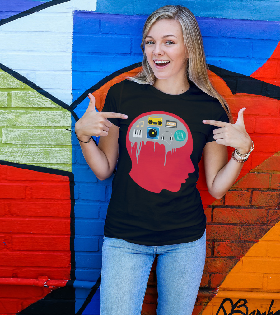 Music On The Mind With Icons Of Notes, Keyboard, Turntable, Headphones, Cassette, Boombox, And Equalizer T-Shirt
